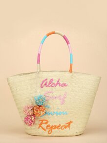 Pom Pom Design Straw Tote Bag