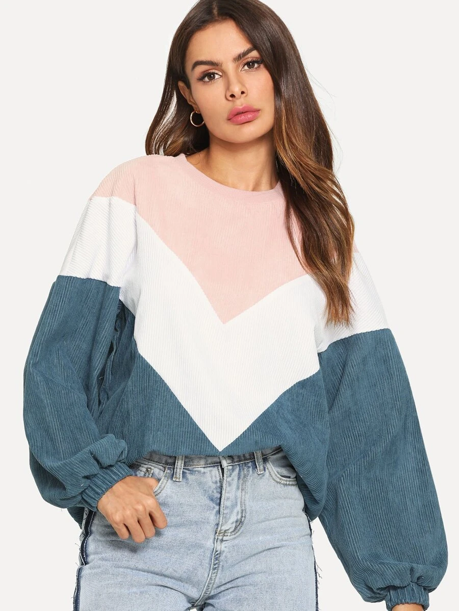 SHEIN Corduroy Chevron Colorblock Sweatshirt