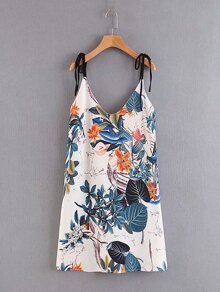 Plant Print Tie-Strap Dress