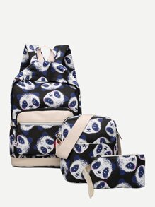 Panda Print Backpack With Clutch 3pcs