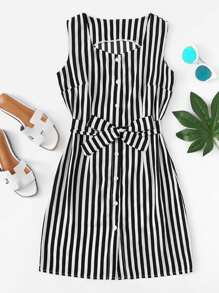 Self Tie Waist Striped Dress