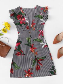 Single Breasted Frill Trim Floral Dress