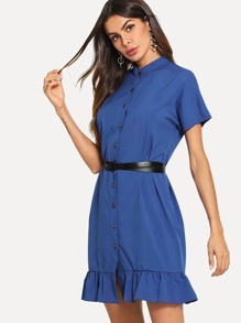 Ruffle Hem Single Breasted Belted Dress