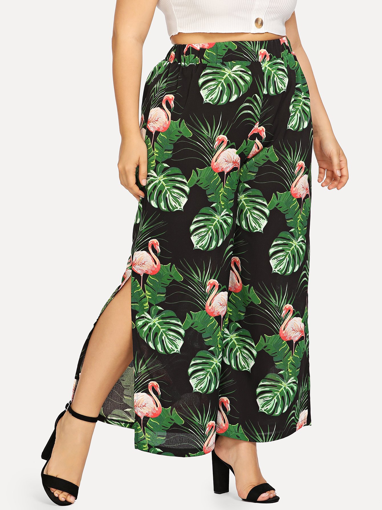 Plus Flamingo Print Split Hem Wide Leg Pants