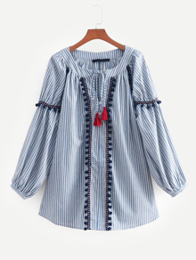 Embroidered Tape Detail Pom Pom Striped Blouse