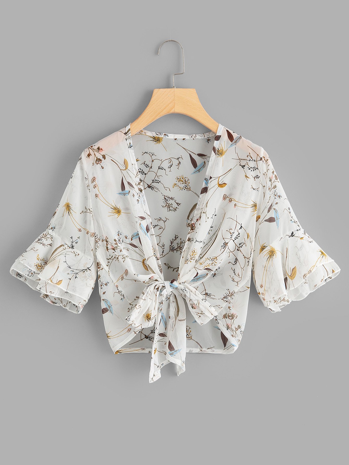 Tie Front Flounce Sleeve Random Print Blouse