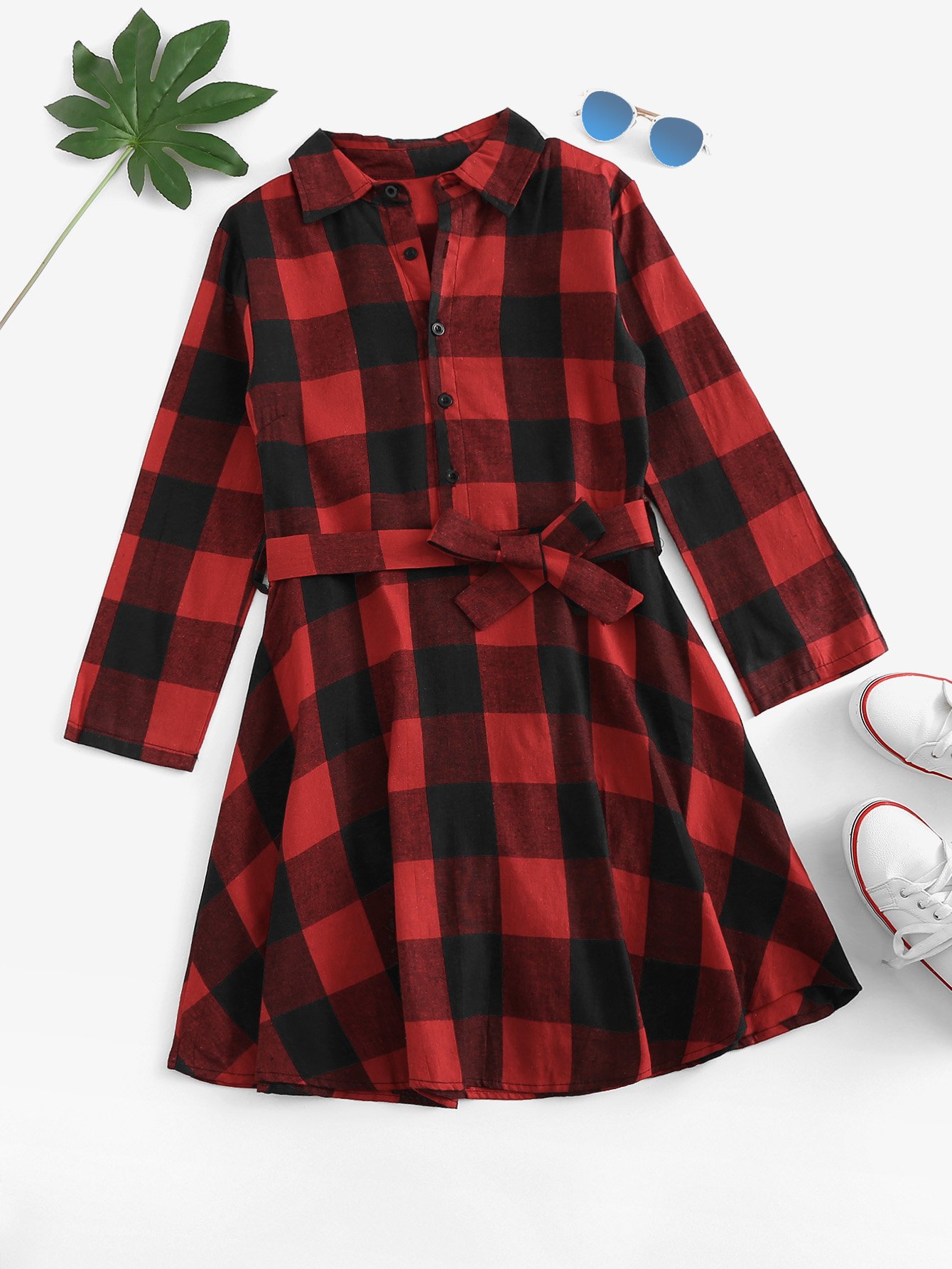 Single Breasted Self Tie Waist Checked Dress