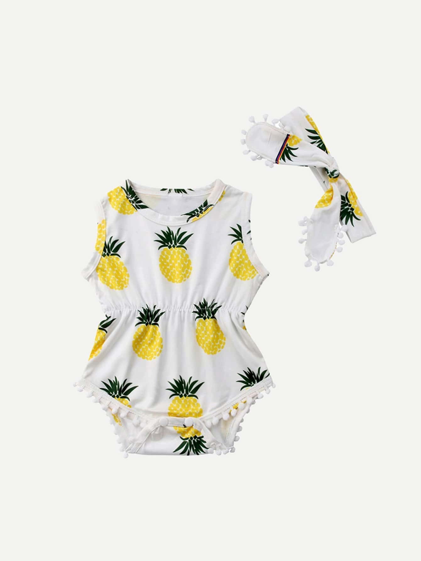 Girls Pom Pineapple Print Romper With Headband