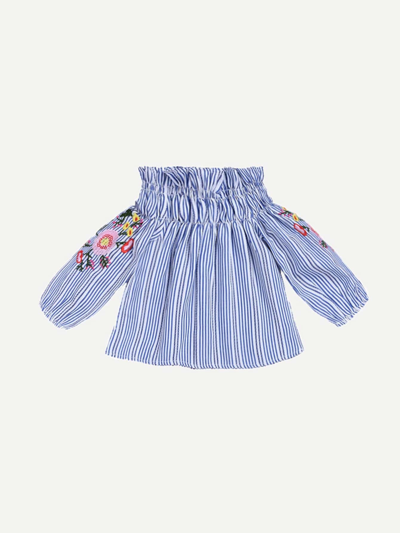 Girls Embroidery Detail Striped Off Shoulder Blouse