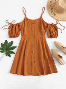 Open Shoulder Knot Button Front Dress