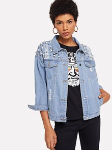 Pearls Beaded Ripped Denim Jacket