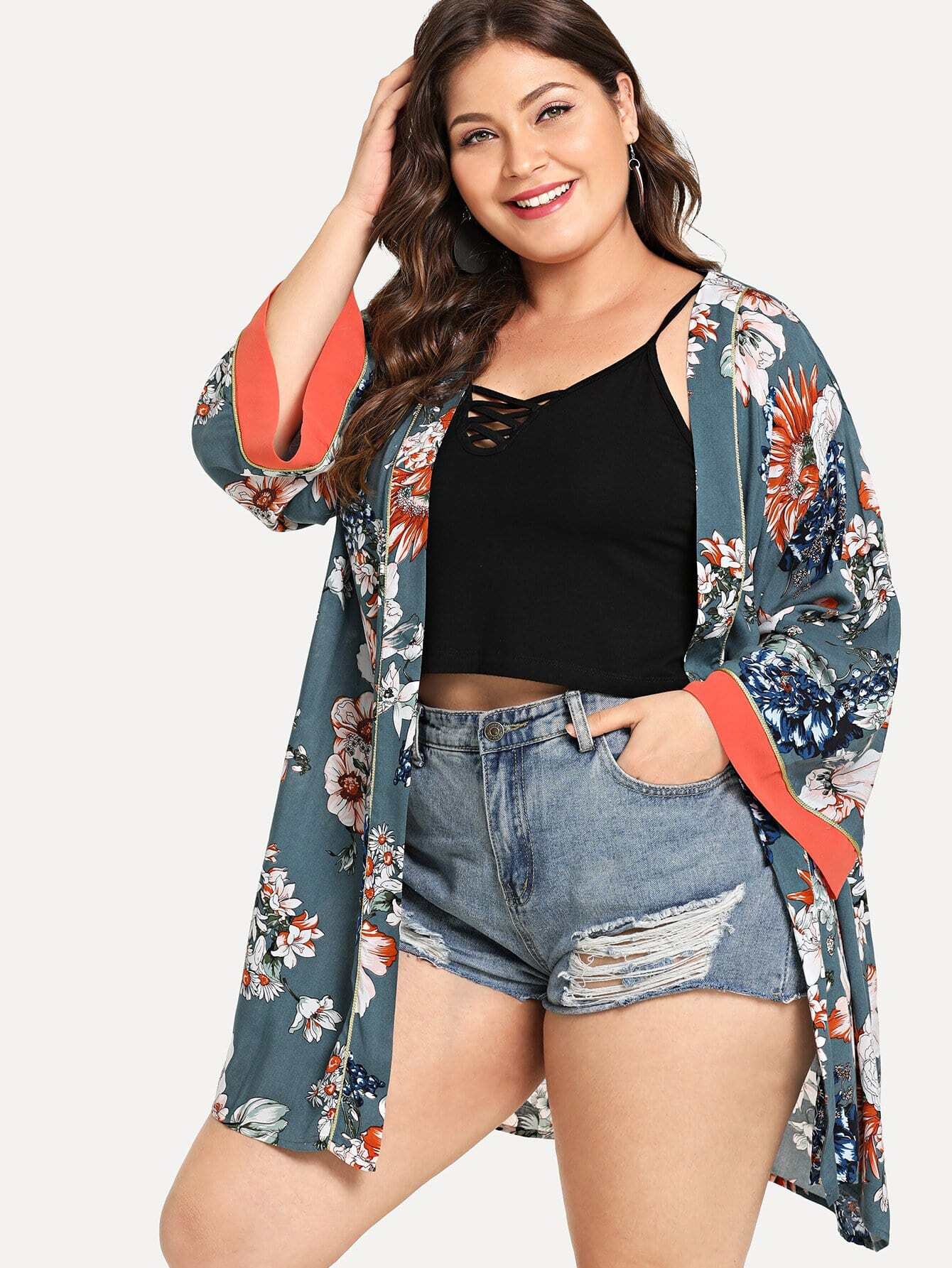 Allover Flower Print Контрастность Trim Longline Kimono