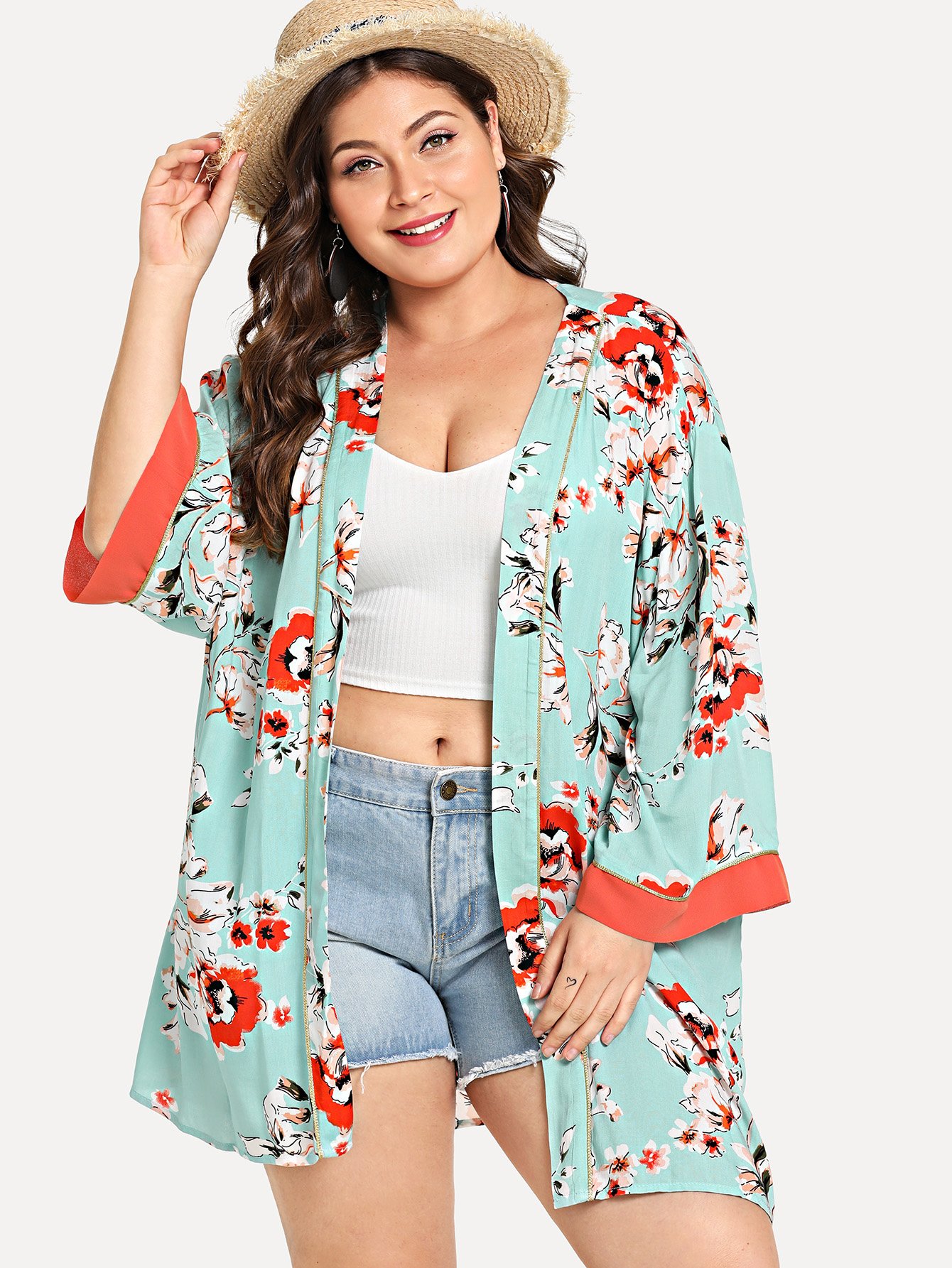 Allover Flower Print Контрастность Trim Longline Kimono