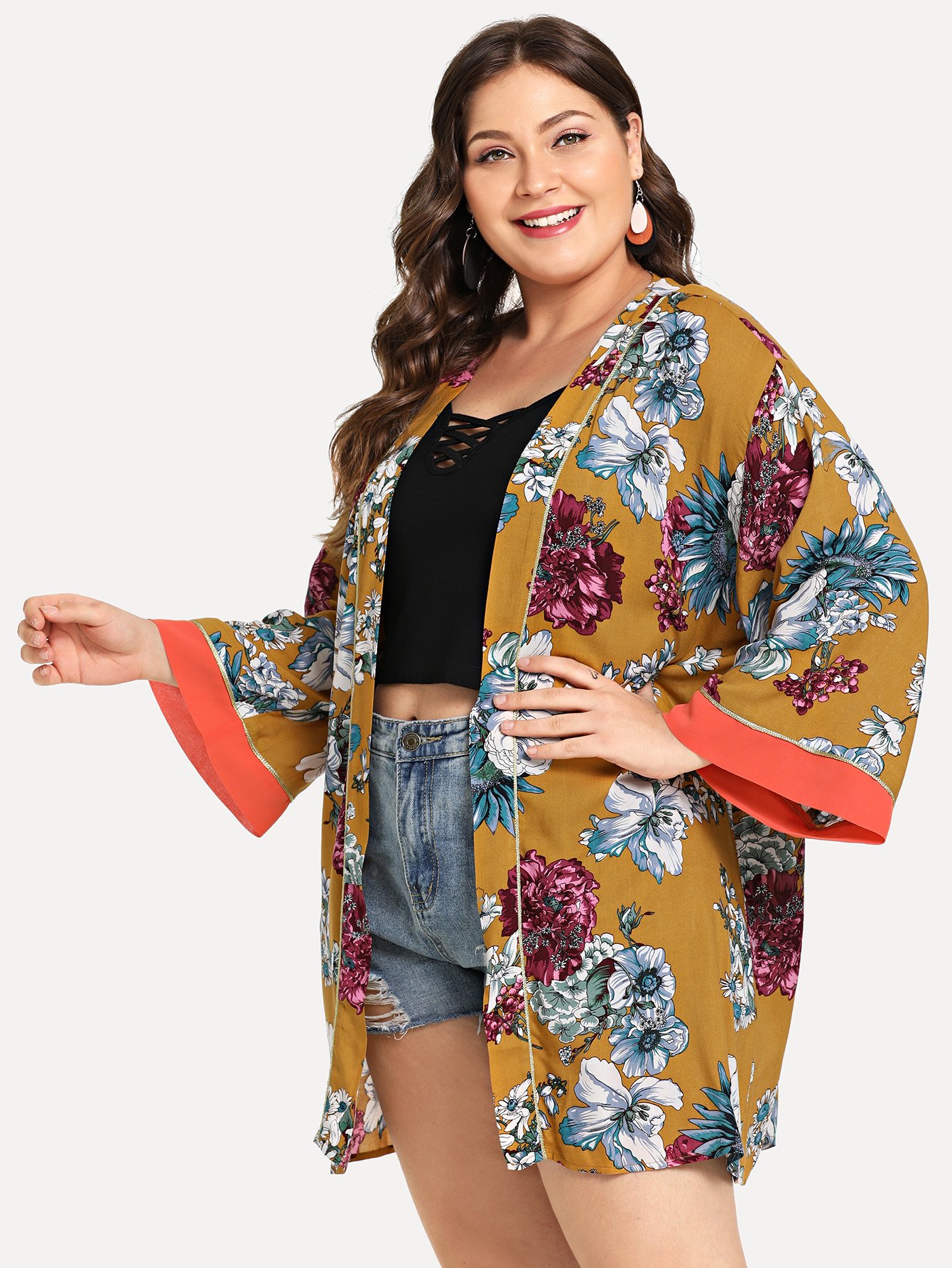 Allover Flower Print Контрастность Trim Longline Kimono