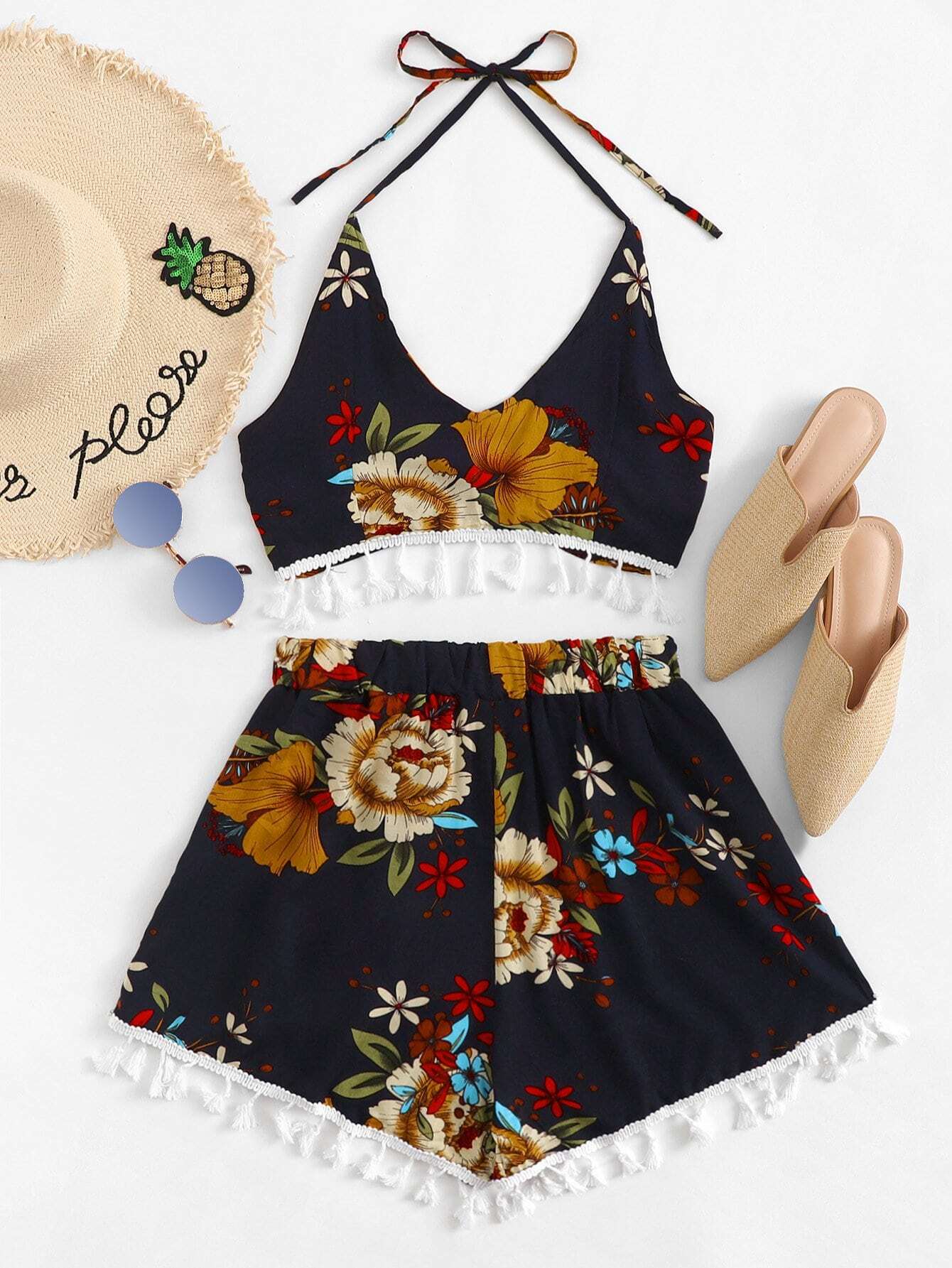 Fringe Hem Floral Print Halter Top With Shorts