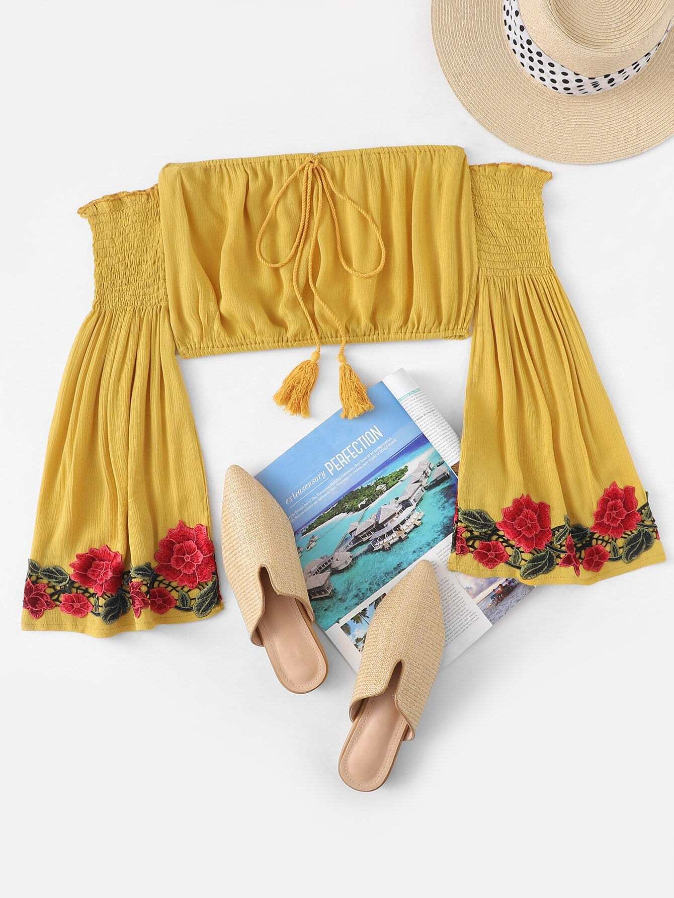 Bardot Embroidered Applique Flare Sleeve Crop Top