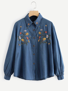 Flower Embroidered Denim Top