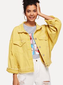 Solid Ripped Button Front Denim Jacket