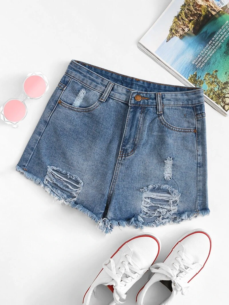 Hem Closure Shorts Raw Denim Ripped TwTBv