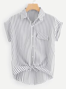 Striped Single Breasted Knot Hem Blouse