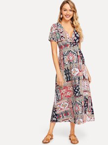 Graphic Print Deep V Neck Dress