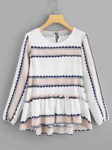 Striped Ruffle Hem Frill Blouse