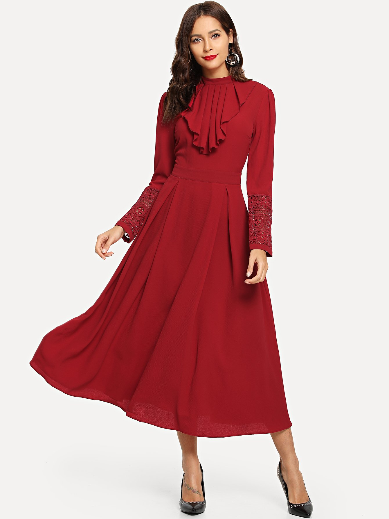 Mock Neck Guipure Lace Trim Ruffle Плиссированное платье