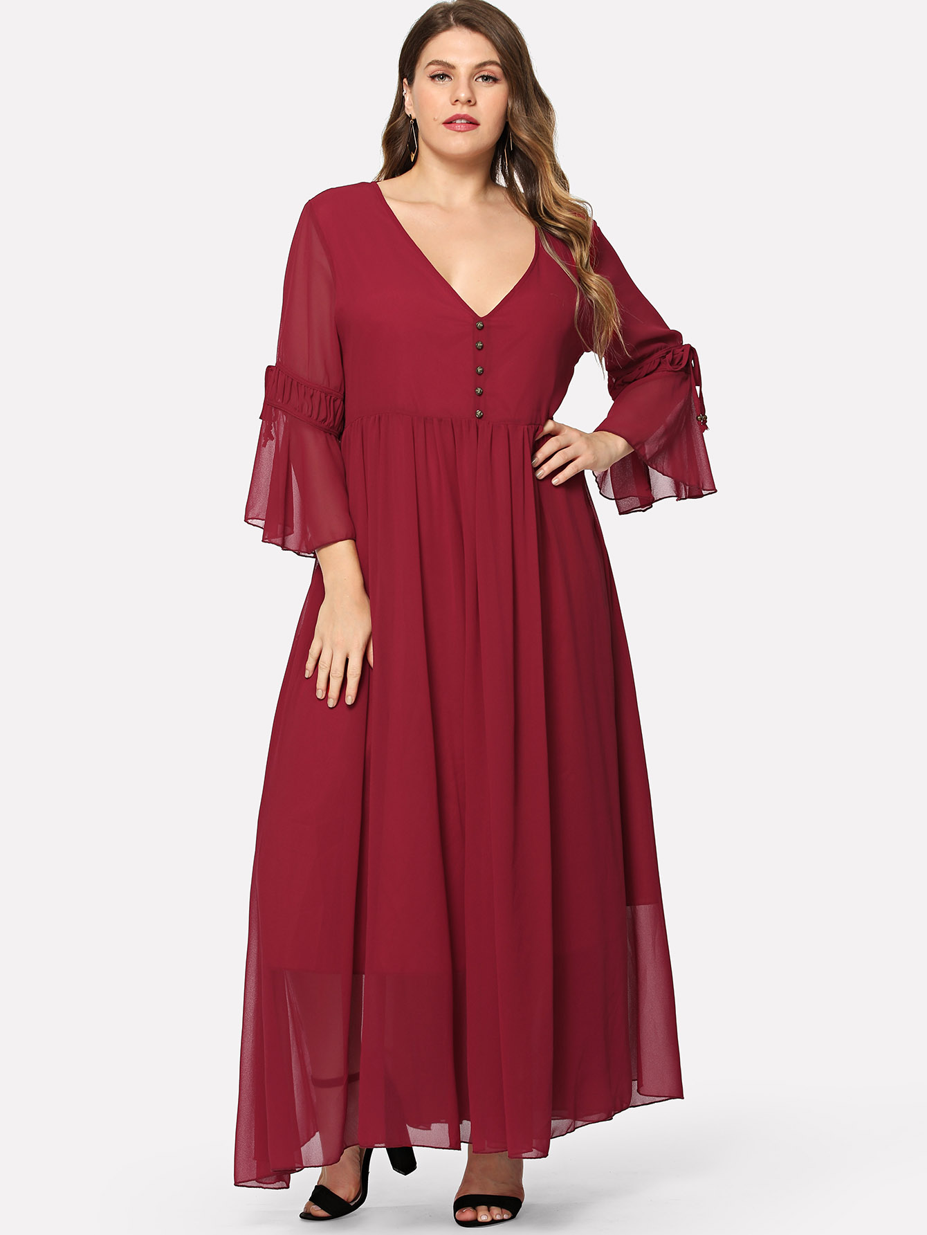 Плюс Кнопка Up Knot Bell Sleeve Твердое платье