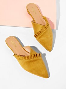 Ruffle Trim Pointed Toe Flat Mules