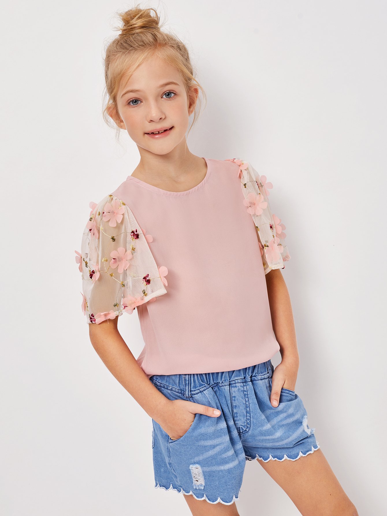 Девочки аппликации Mesh Sleeve Keyhole Back Top