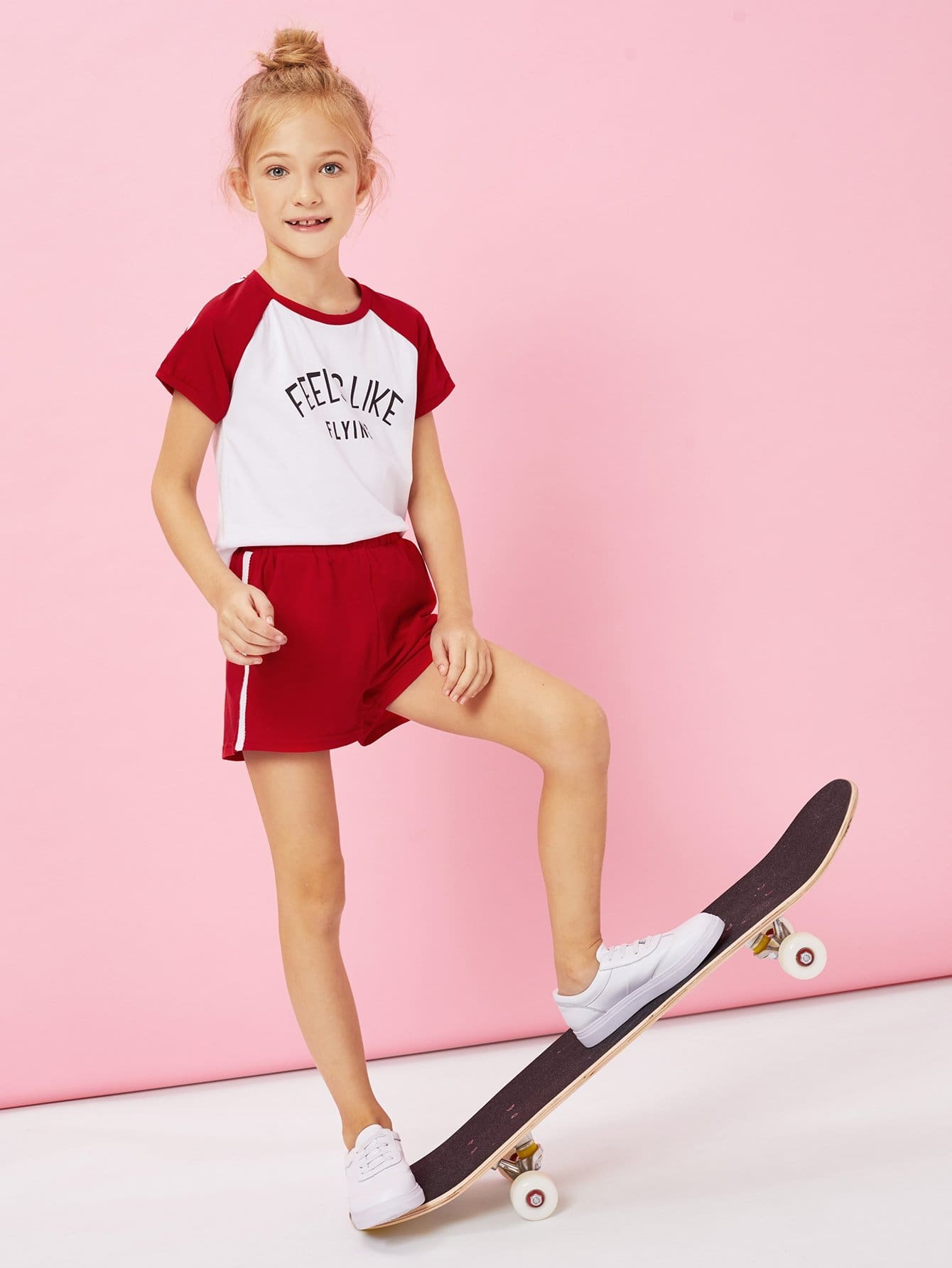 Девушки Raglan Sleeve Letter Print Top & Shorts Set