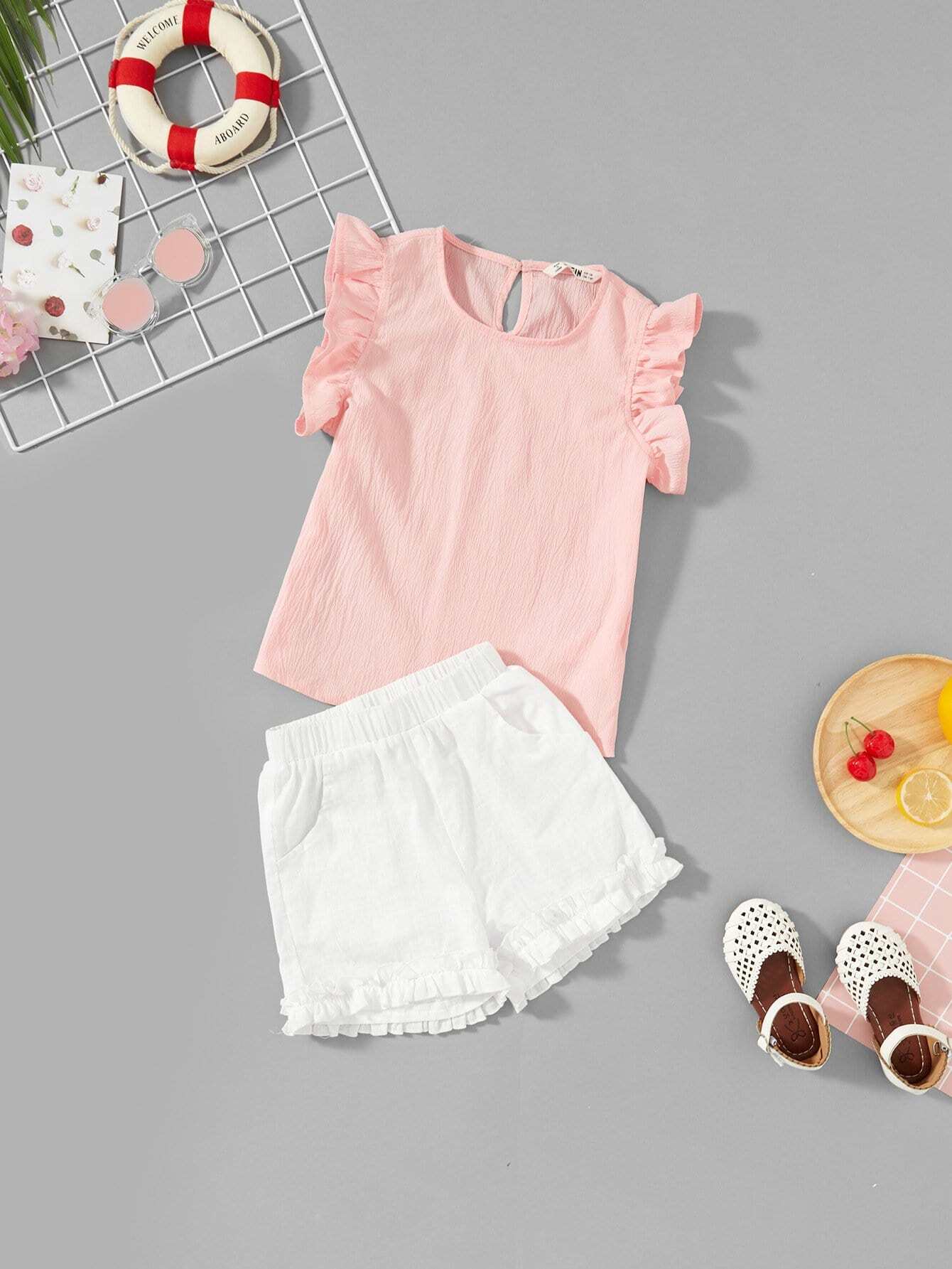 Девочки Ruffle Trim Keyhole Back Top & Shorts Set