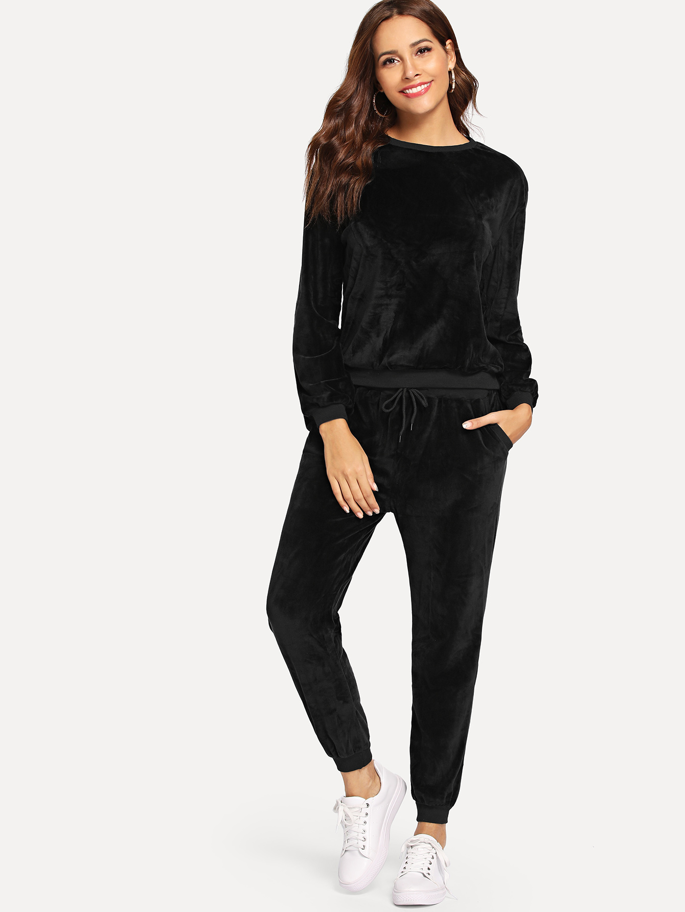 Velvet Solid Top With Drawstring Waist Pants