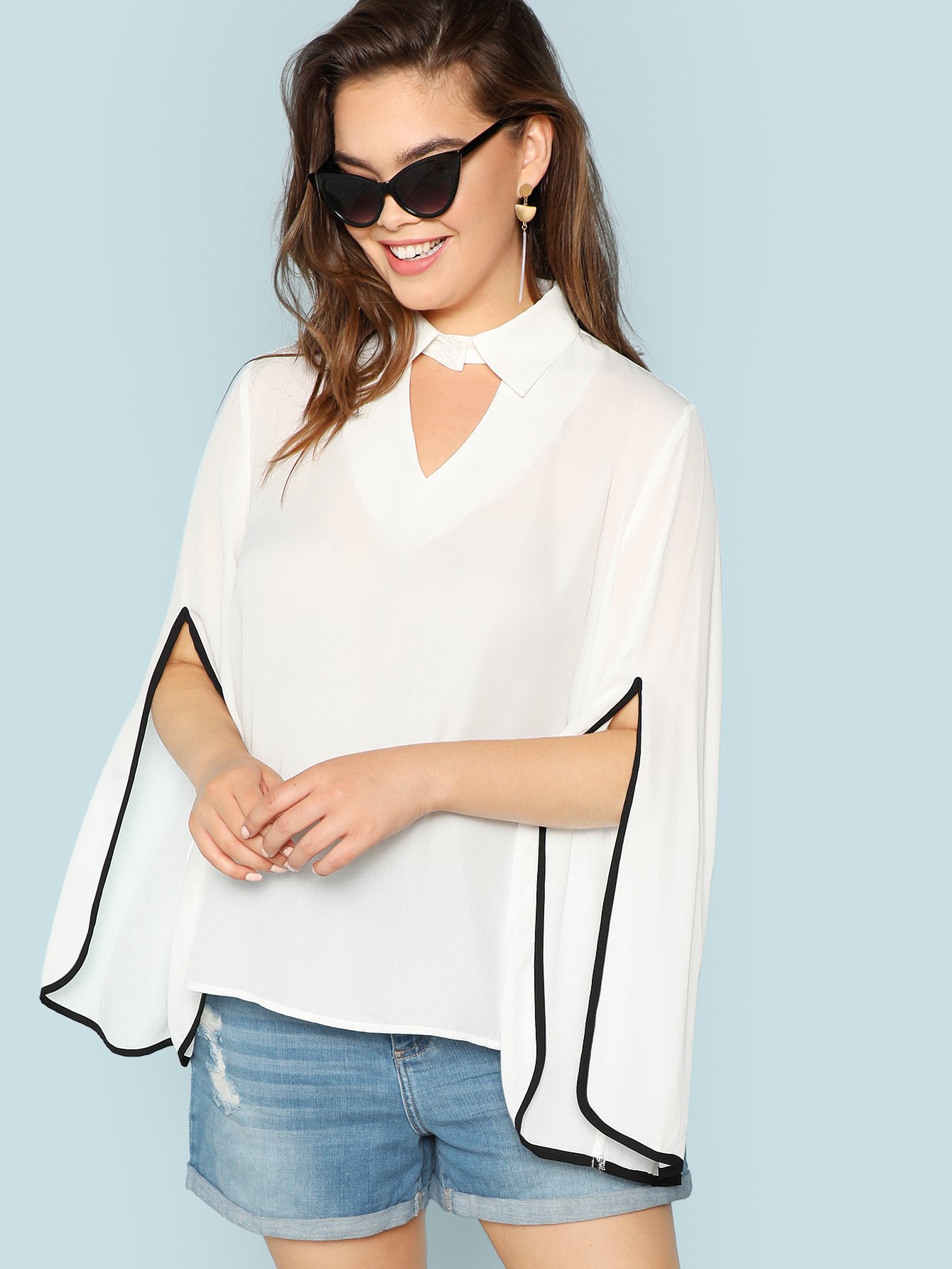 Плюс Cutout Neck Contrast Binding Split Sleeve Top