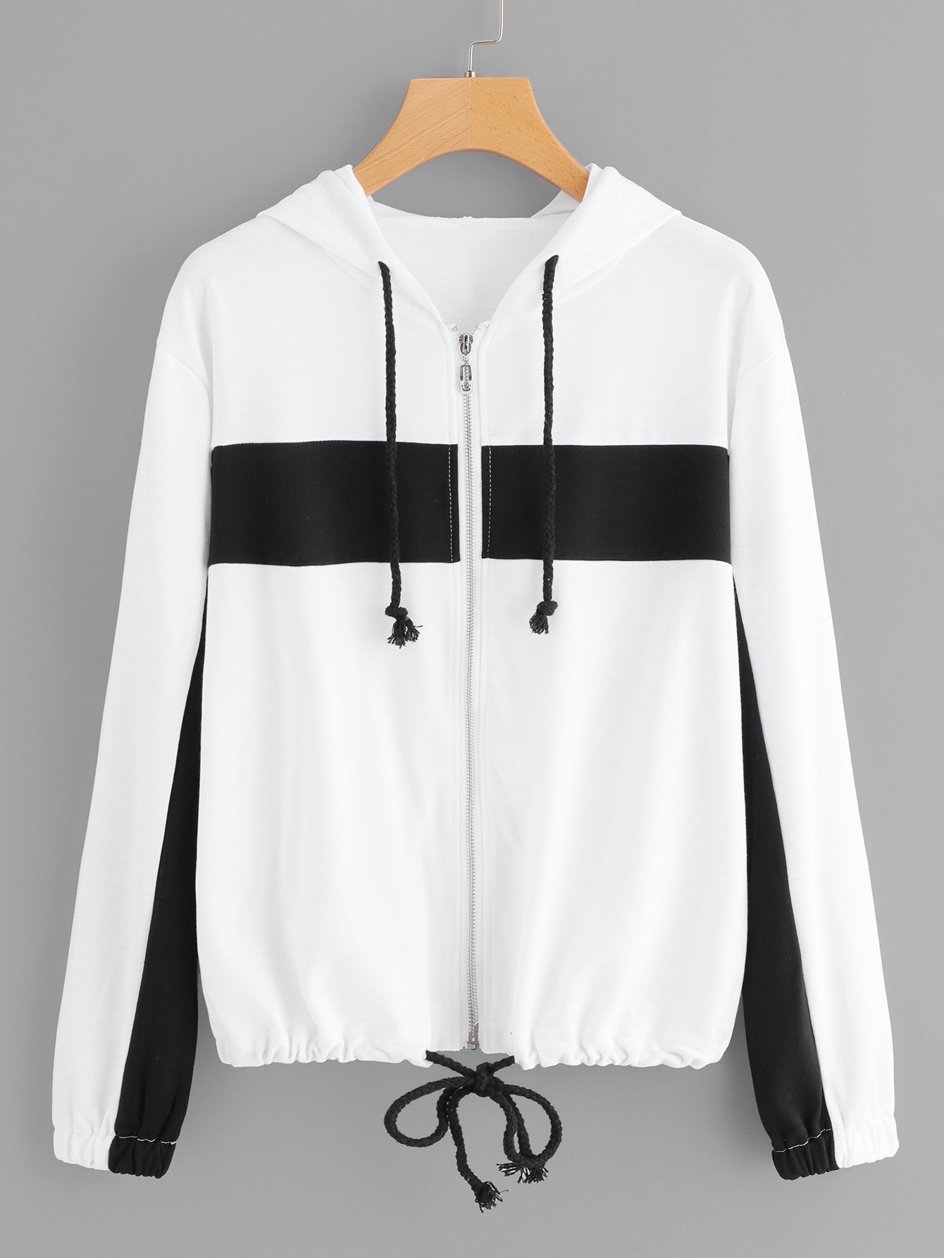 Drawstring Hoodie Zip Front Colorblock Jacket