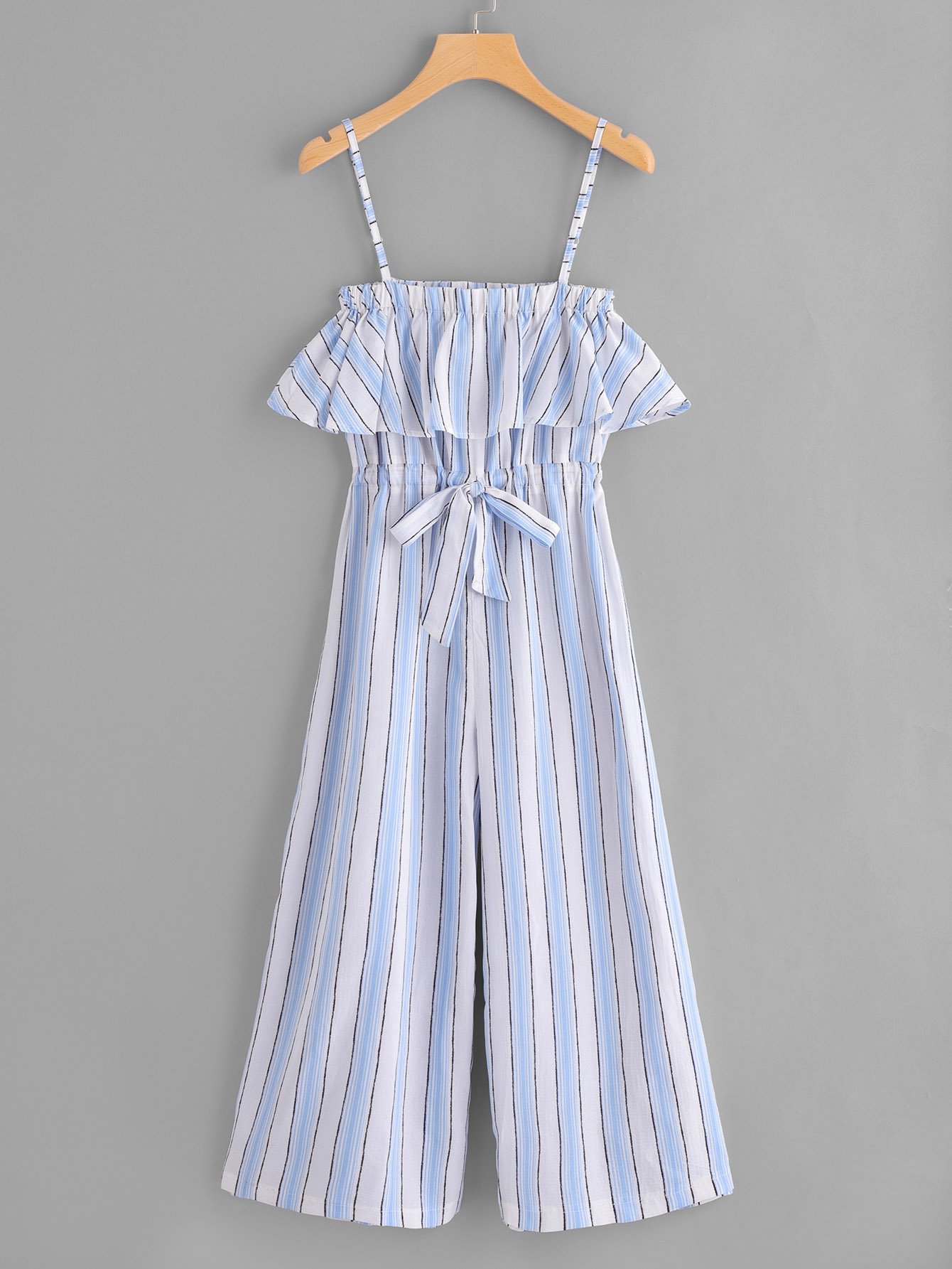 Striped Drawstring Waist Ruffle Trim Cami Jumpsuit