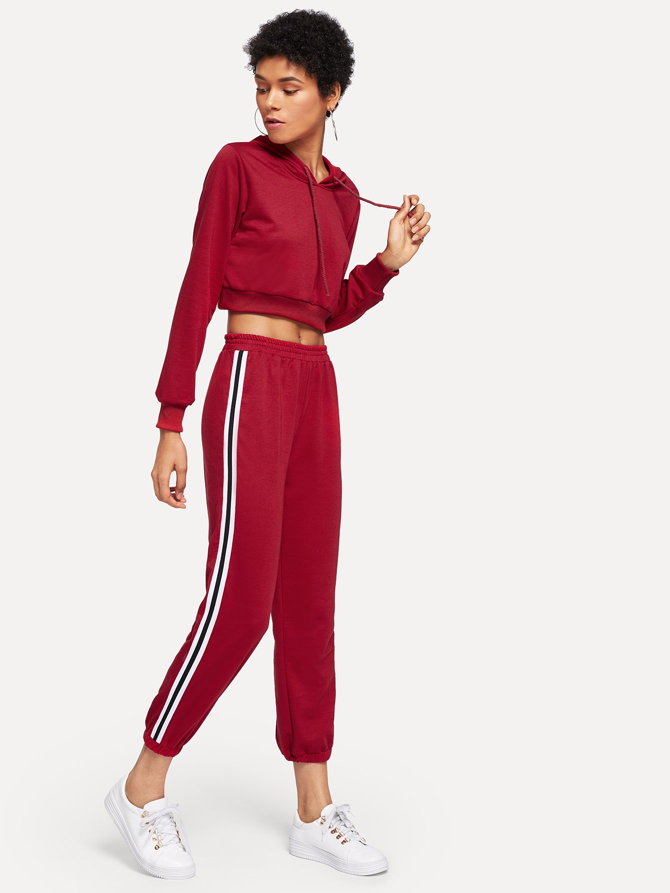 Drawstring Hoodie Top With Striped Side Pants