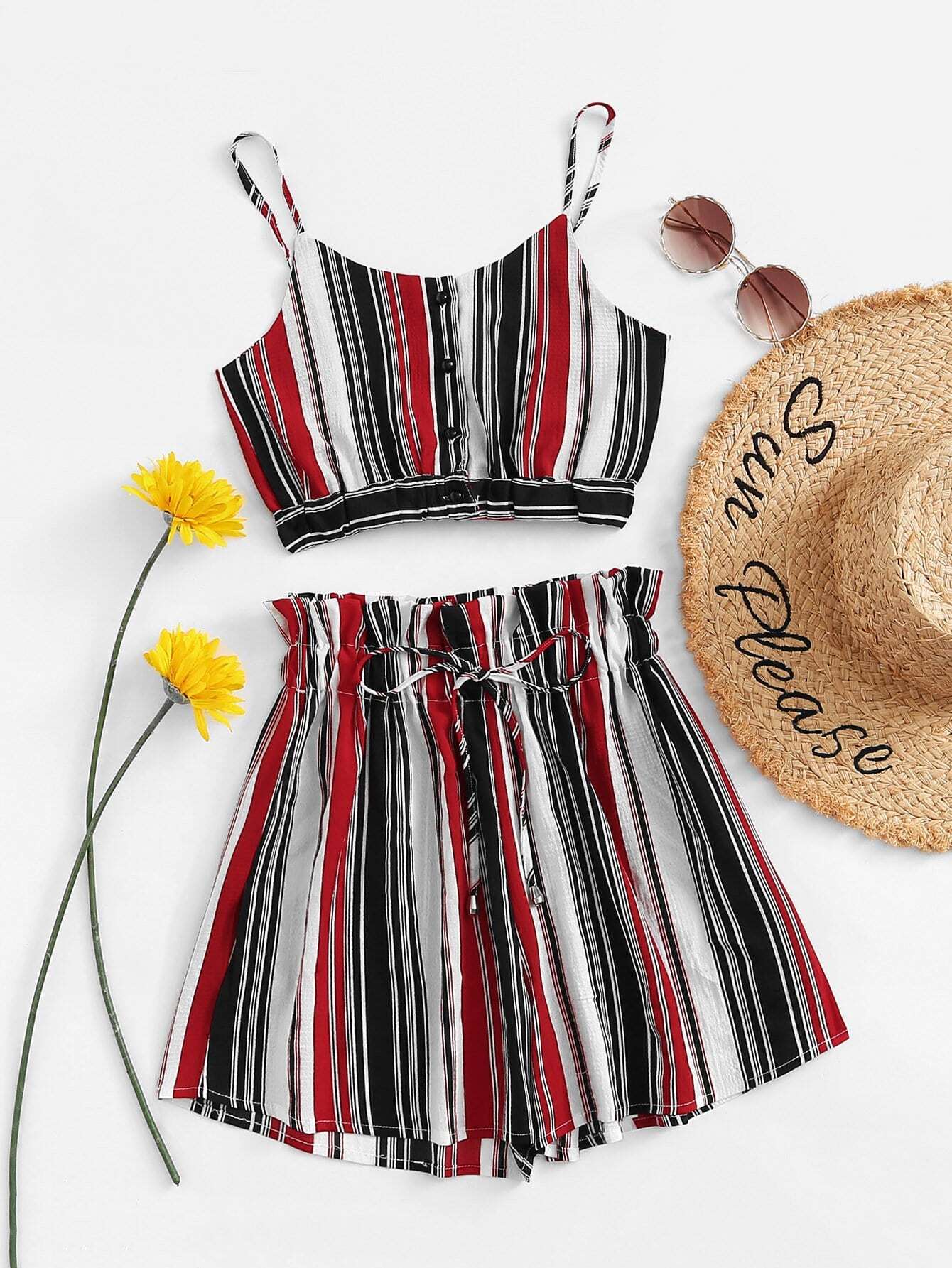 Single Breasted Striped Top With Drawstring Shorts