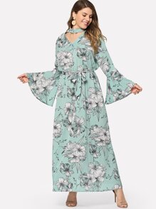 Plus Random Florals Choker Neck Dress