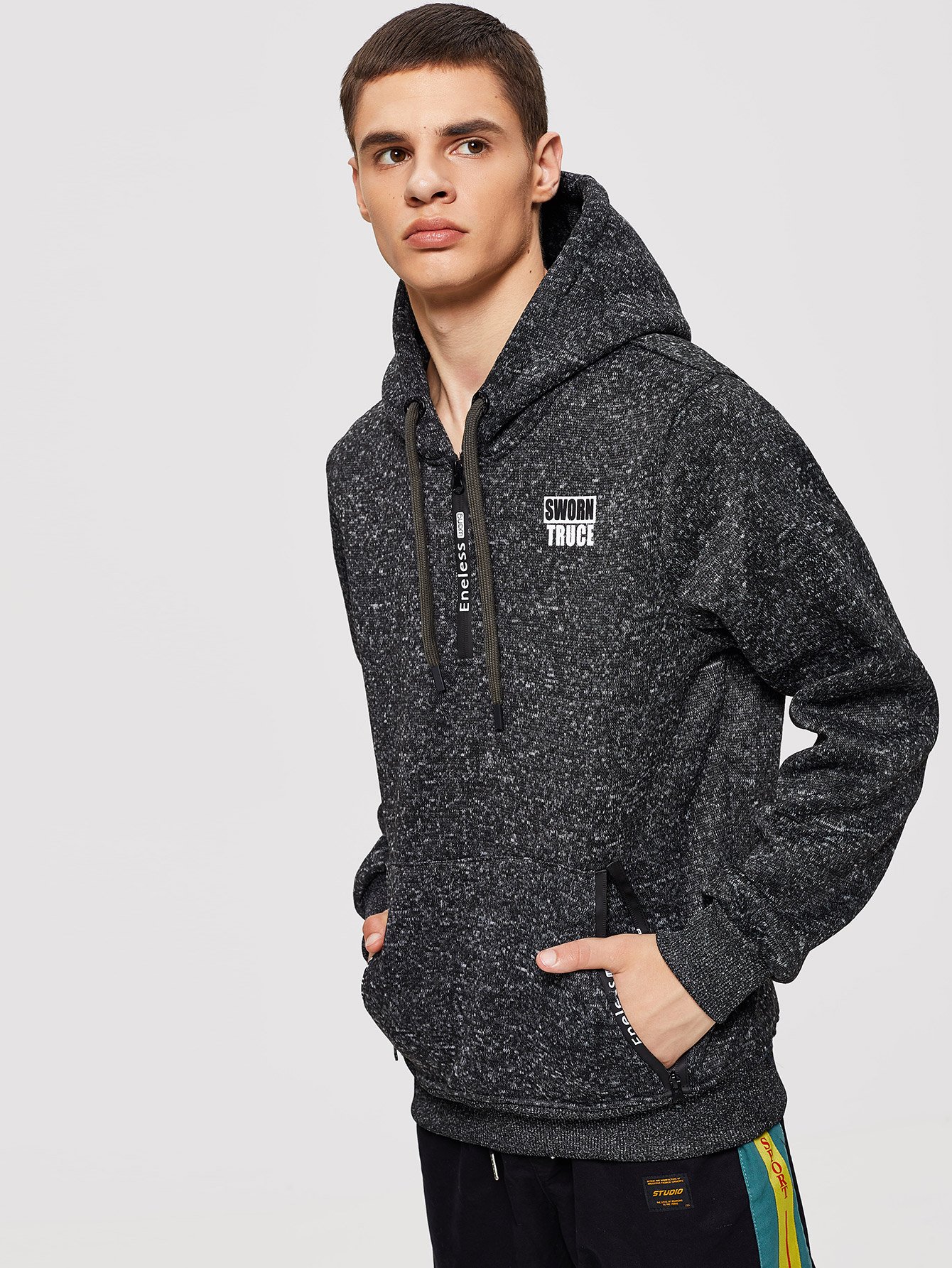 Men Zip Decoration Letter Print Hooded Sweatshirt