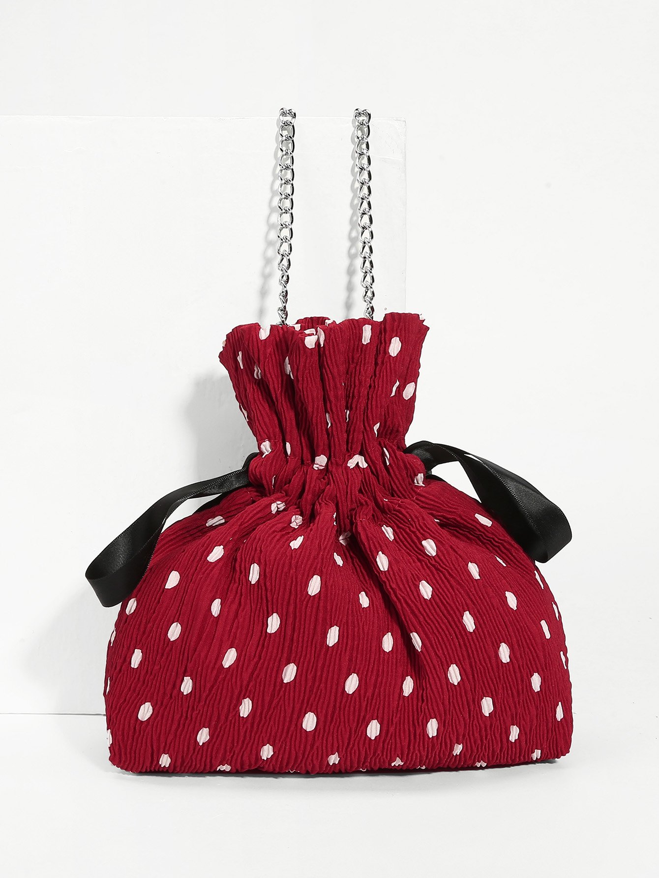 Drawstring Polka Dot Print Crossbody Chain Bag
