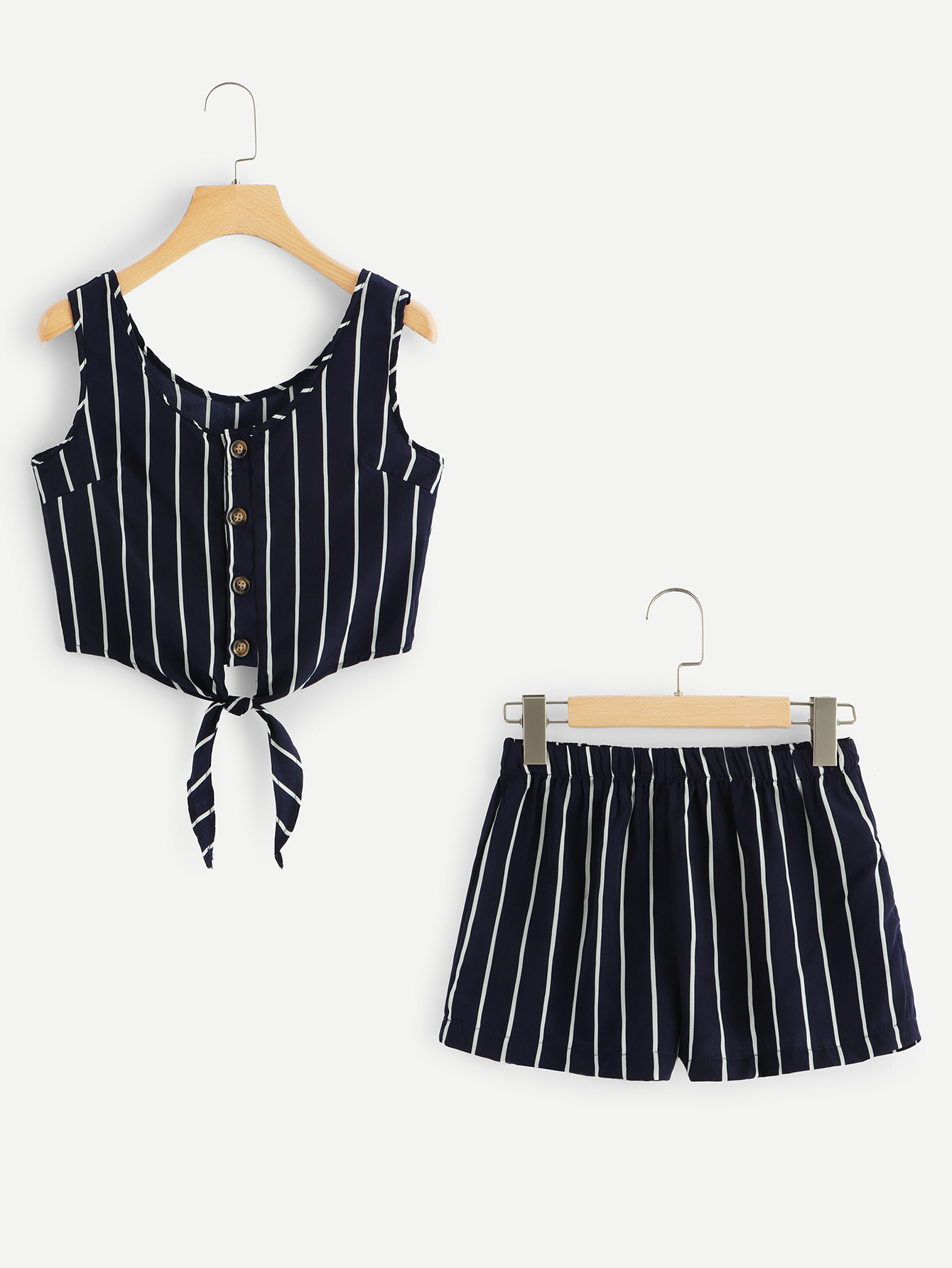Knot Hem Single Breasted Striped Top With Shorts