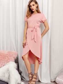 Striped Belted Dip Hem Dress