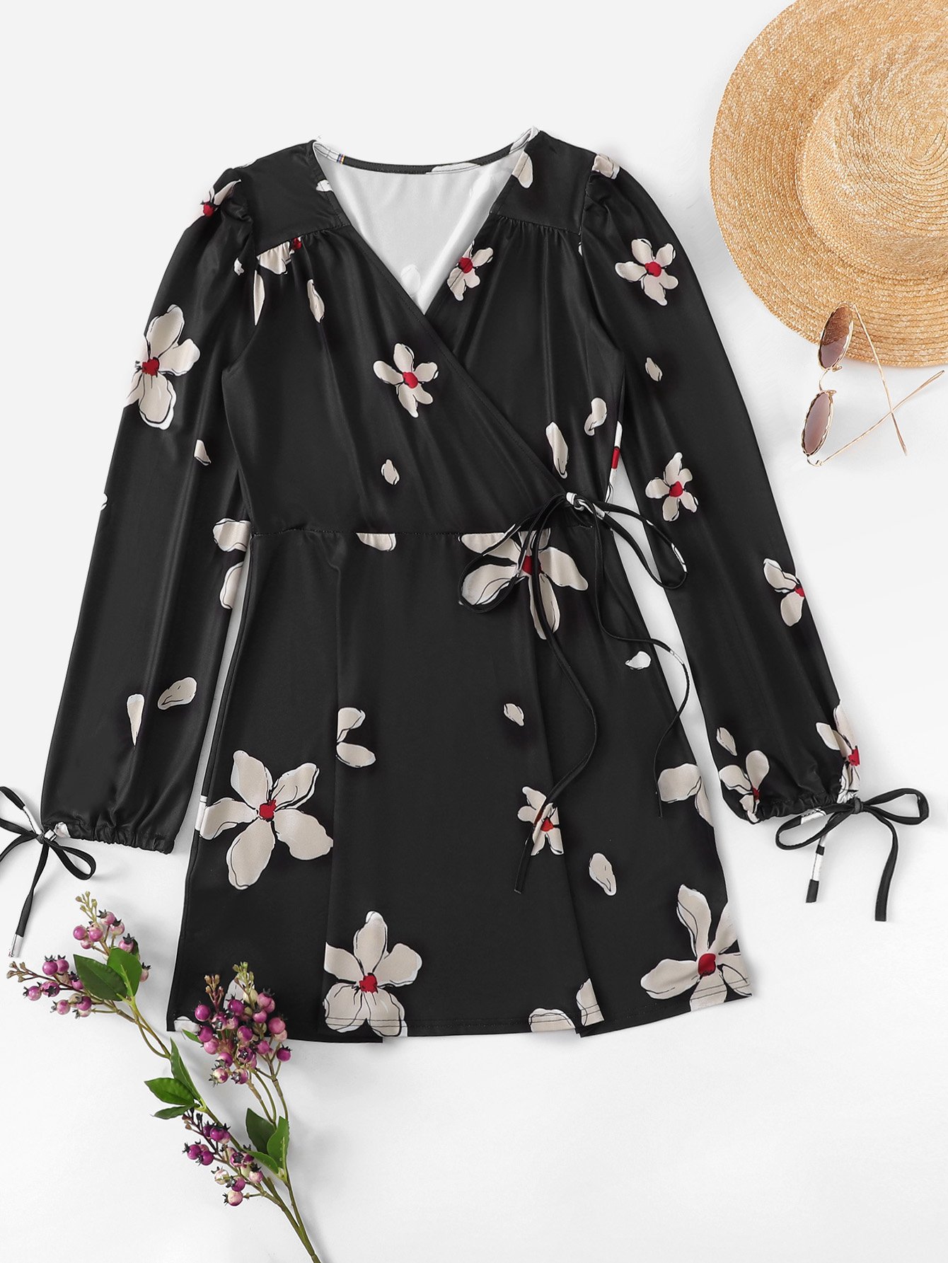 Floral Print Drawstring Sleeve Knot Waist Dress