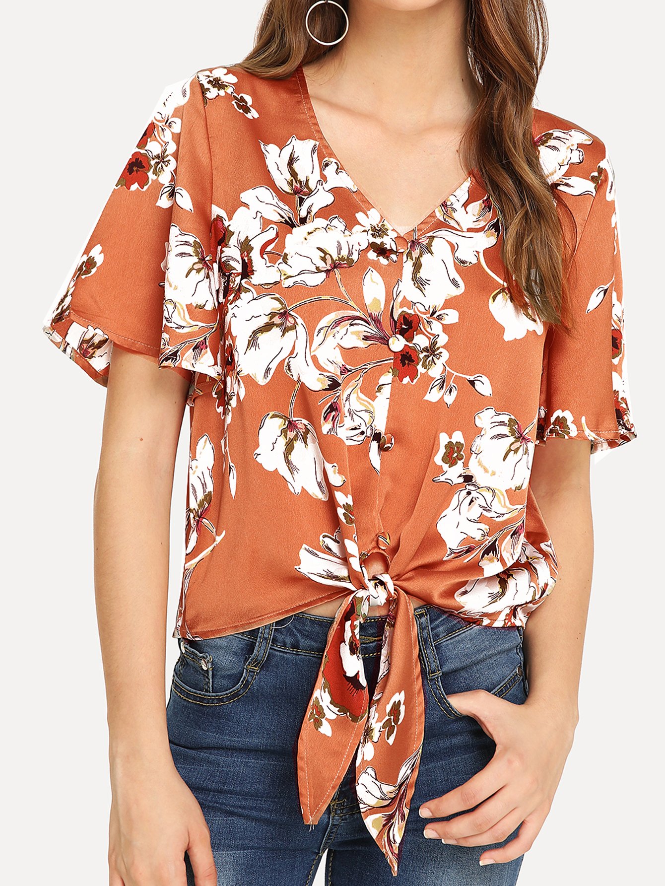 Кнопка Up Flounce Sleeve Knot Цветочная блузка