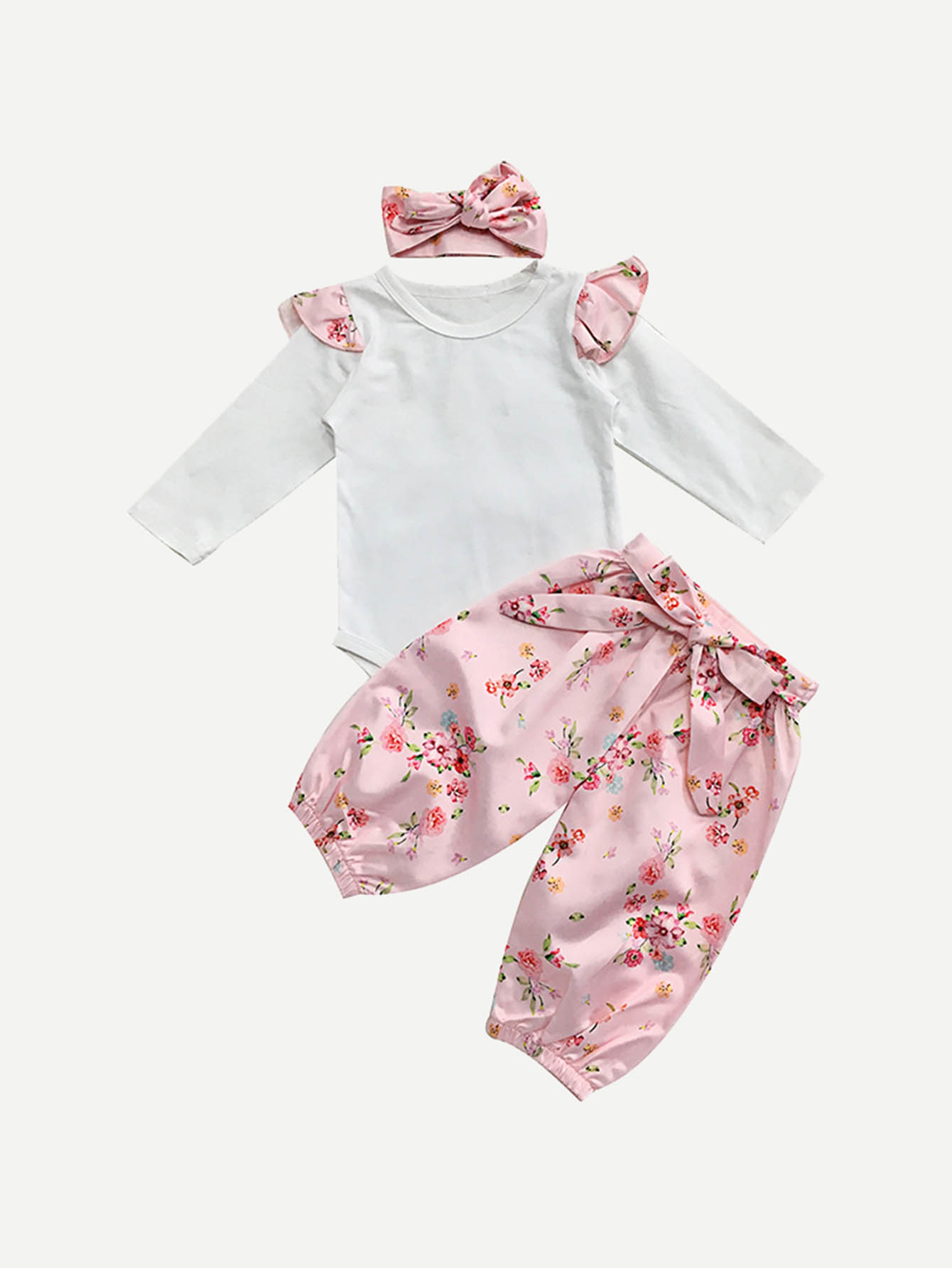 Girls Solid Top & Floral Print Pants Headband