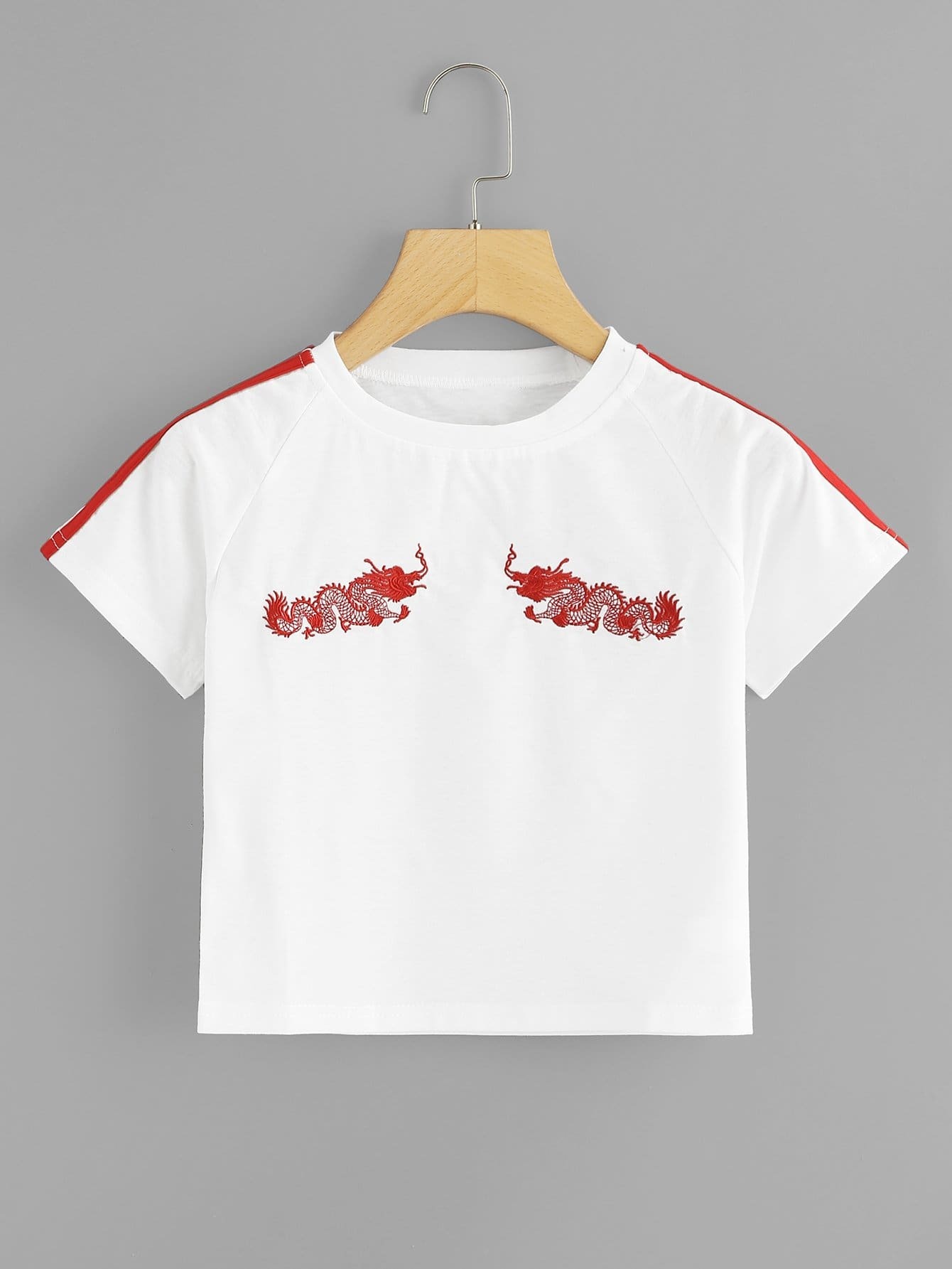 Tape Detail Oriental Dragon Embroidered Crop Tee