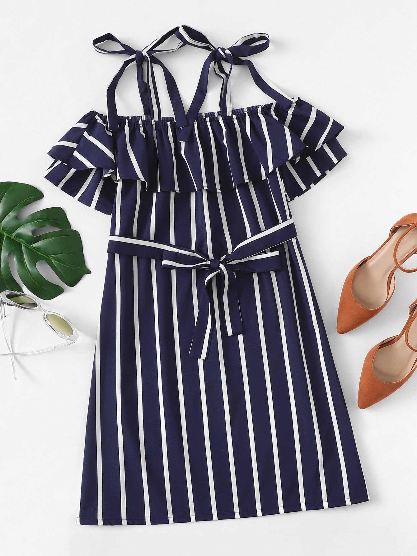 Striped Ruffle Trim Self Tie Waist Cami Dress