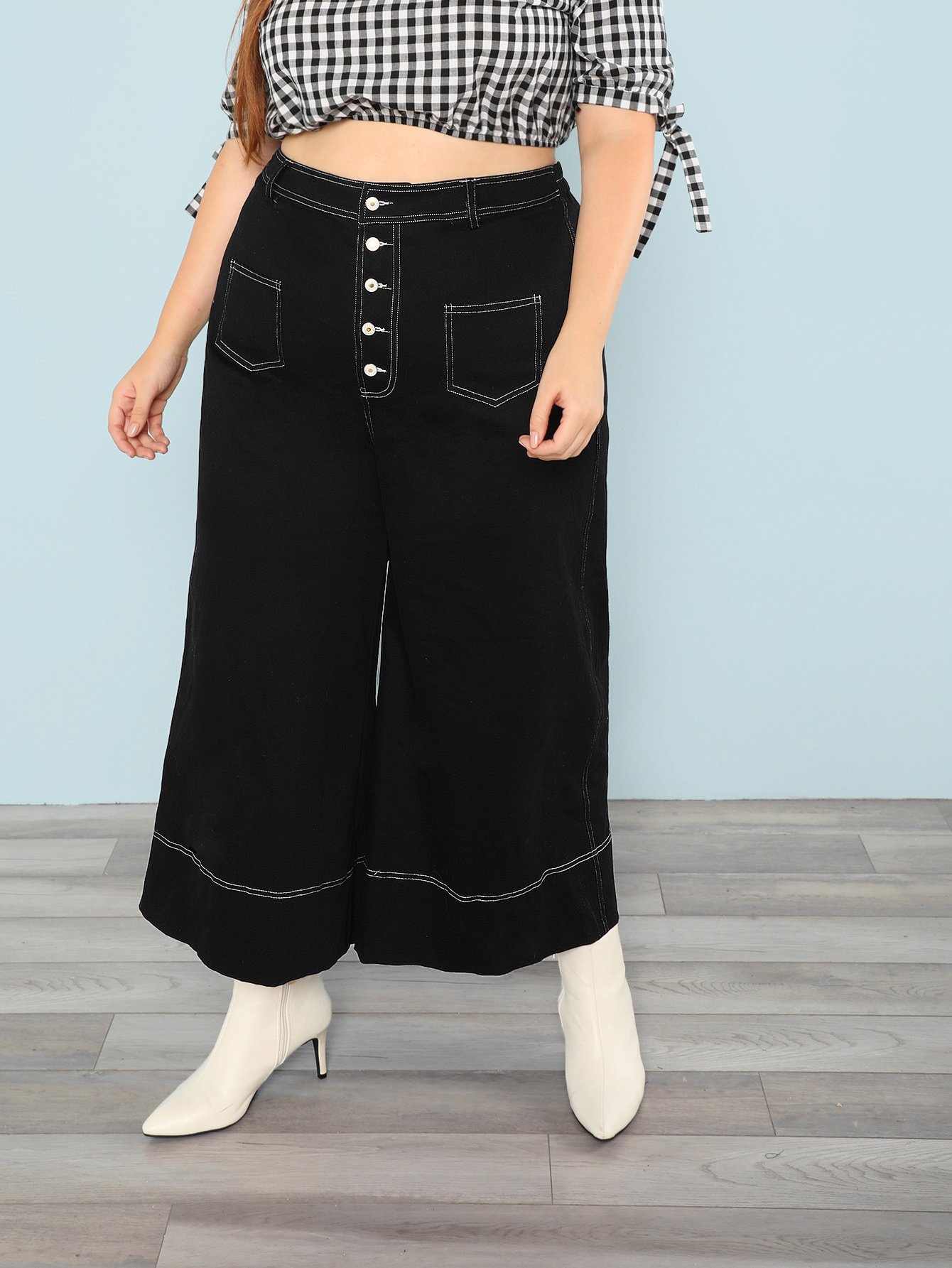 Плюс размеры контрастный стежок широкие штаны для ног