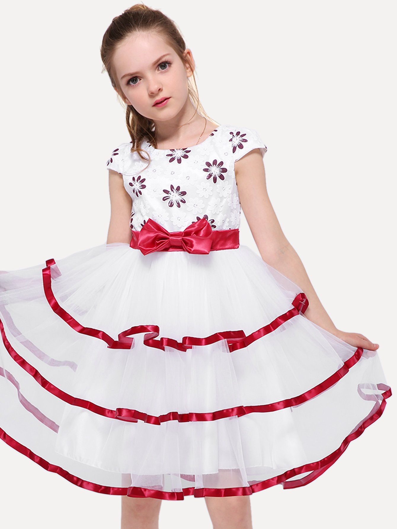 Girls Contrast Mesh Bow Detail Layered Dress